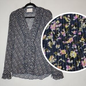 JUST Female Ditsy Floral Ruffle‎ Long Sleeve V-Neck Semi Sheer Blouse Size Large